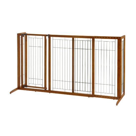 Picture of Richell Deluxe Freestanding Pet Gate with Door Large Brown 61.8" - 90.2" x 27" x 36.2"