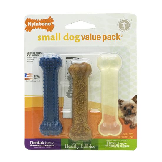 Picture of Nylabone Small Dog Chew Toy Value Pack Blue / Brown / Yellow 4.5" x 1.5" x 1.5"